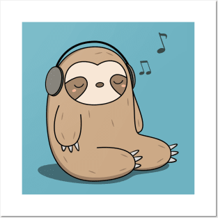 Kawaii Cute Sloth Listening To Music Posters and Art